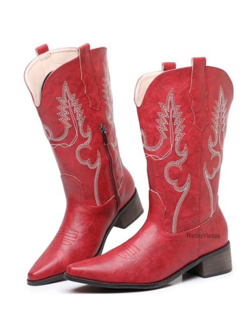 Cowboy Boots Women Embroidered Pointed Toe Chunky Heel Mid Calf Pull On Western